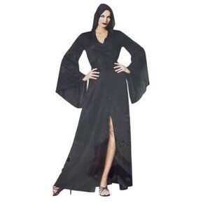 Sexy Sorceress Costume One Size PMG Halloween Hooded Robe Waist Tie Black NEW